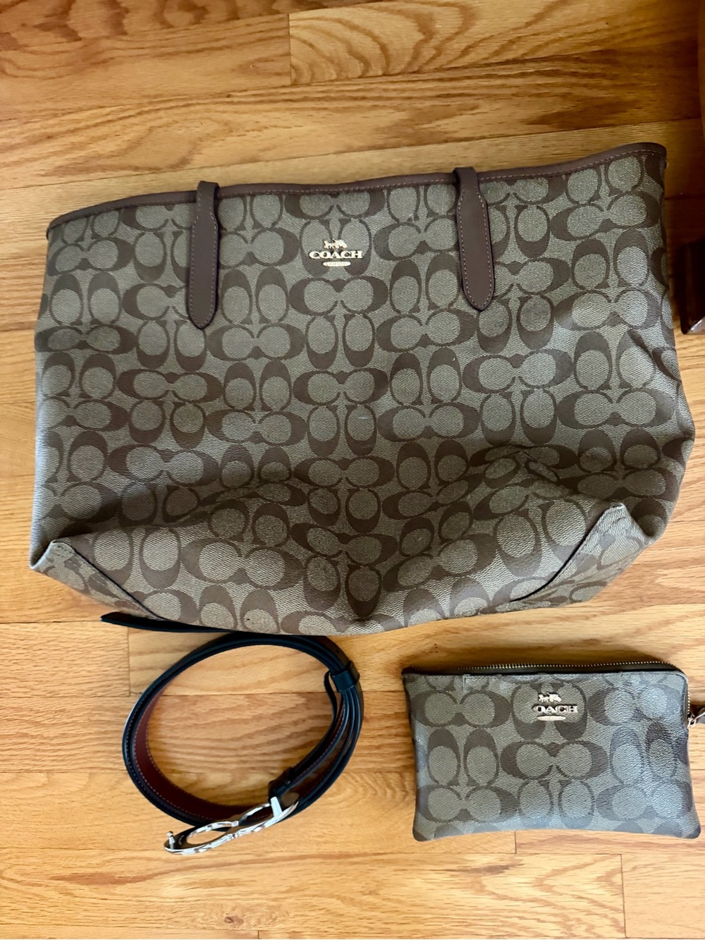 Coach Brown Signature Monogram Canvas Tote with Wristlet and Belt